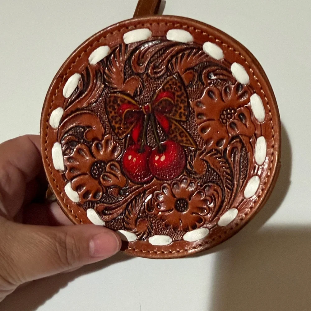 Tooled Leather Cherry Round Wristlet Pouch - Brown with Red Accents